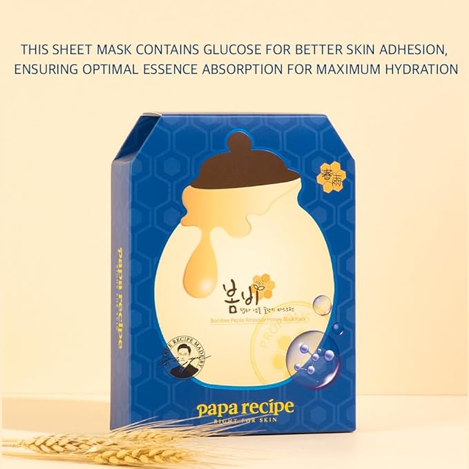 Papa Recipe Bombee Pepta Honey Sheet Mask 10 Sheets – Sensitive Skin Friendly, Deep Hydration & Moisture Lock with 6 Hyaluronic Acids, Korean Skincare Face Mask for Dry & Dull Skin
