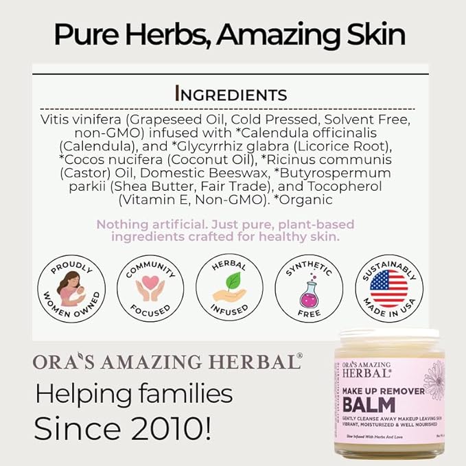 Ora's Amazing Herbal Travel Size Makeup Remover Balm, Mascara and Waterproof Makeup Removal, Calendula Cleansing Cream with Ceramide Support and Licorice, Plastic Free Fragrance Free Skincare, 1 oz