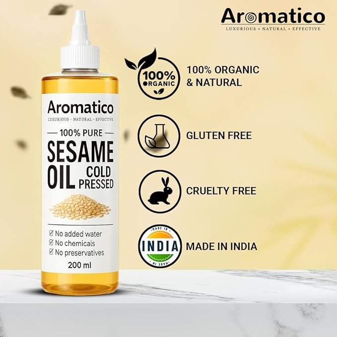 Aromatico 100% Pure Cold Pressed Sesame Oil for Skin, Hair & Massage – Lightweight, Non-Greasy Daily Care Oil, No Added Chemicals or Preservatives - 7 Fl Oz