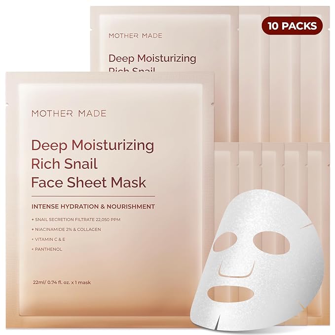 MOTHER MADE Snail Face Mask With Niacinamide 2% & Vitamin E, Collagen Sheet 10 EA, For Dry & Sensitive Skin, Mascarillas Para La Cara, Hyaluronic Acid, Korean Skincare