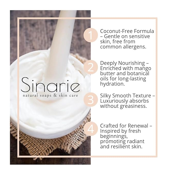 Sinarie Coconut-Free Body Butter – Ultra-Nourishing Moisturizer with Mango Butter, Avocado Oil & Jojoba Oil – Hydrating & Non-Greasy Lotion for Sensitive Skin (8 oz., Grace)