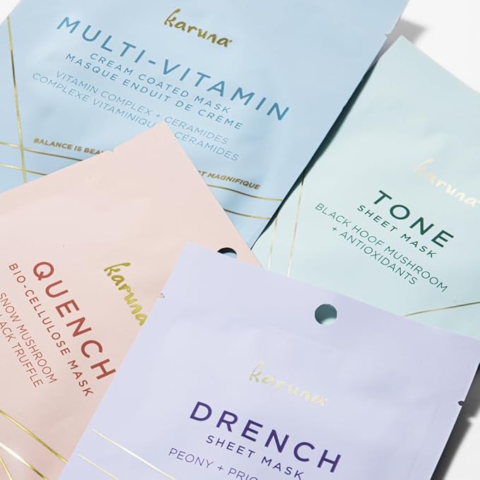 Karuna Ultimate Age-Defying Sheet Mask Essentials Set | 4 Pack – Drench, Tone, Multi-Vitamin & Quench | Free of Parabens, Phthalates & Sulfates | 2.86 OZ