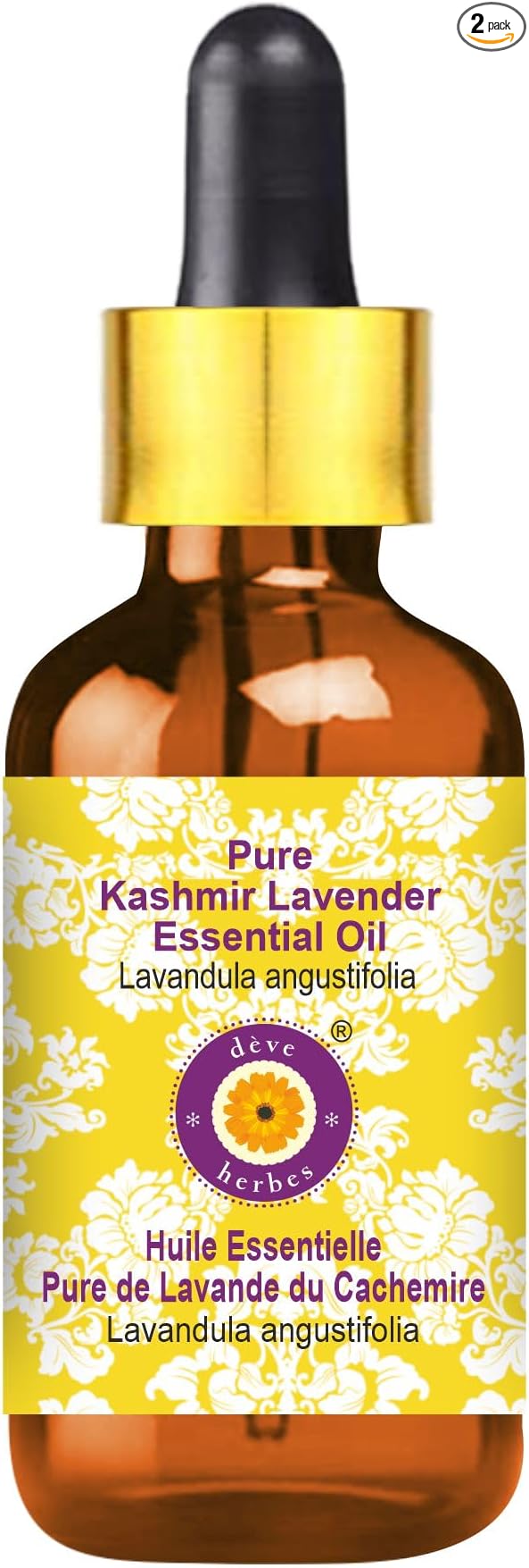 Deve Herbes Pure Kashmir Lavender Essential Oil (Lavandula angustifolia) with Glass Dropper Steam Distilled 2ml (0.06 oz)
