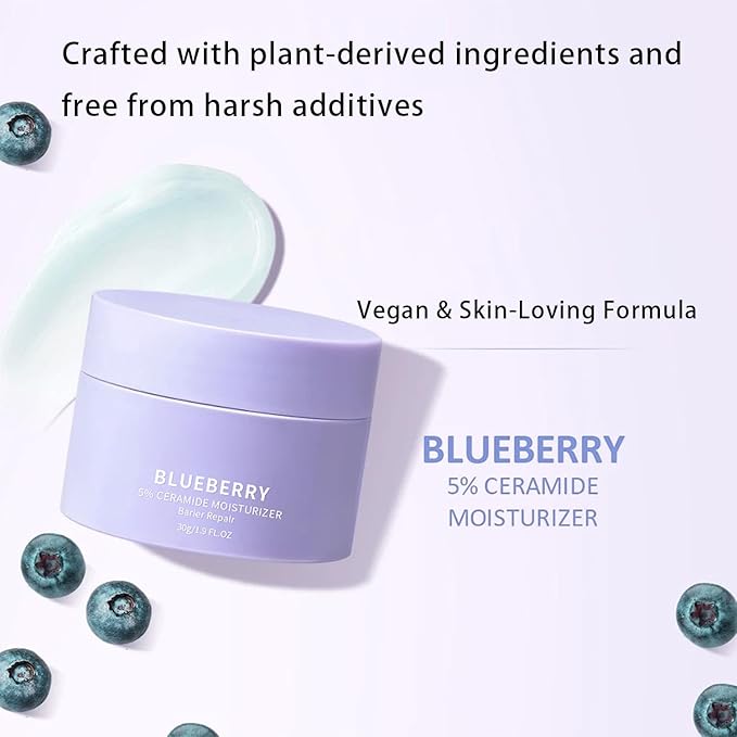 Grospe Blueberry Ceramide Moisturizing Cream - Face Moisturizer with Fruit Extract & Hyaluronic Acid, Intense Hydration for Dry & Sensitive Skin, Vegan Formula (1oz)