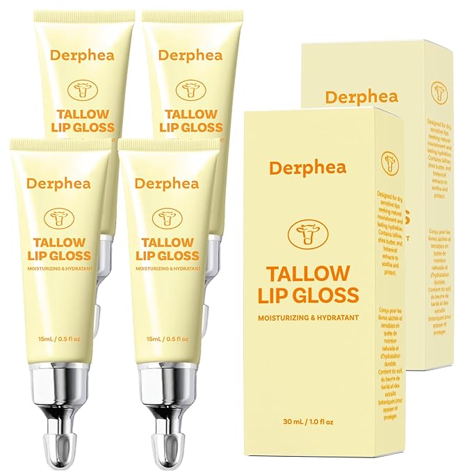 Organic Beef Tallow Lip Balm – 8H Moisturizing for Dry Lips, Glossy Shine & Soft Lips - Overnight Lip Mask & Daytime Moisturizer with Shea Butter & Vitamin E, 2 Packs (4 Tubes)
