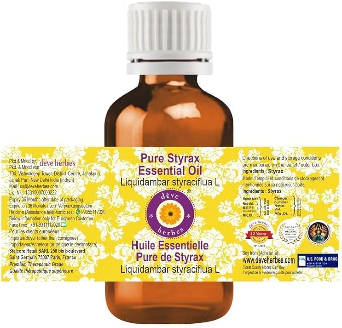 dève herbes Styrax Essential Oil (Liquidambar styraciflua L) Pure | Non-Sticky | Non-Greasy | Lightweight | Men & Women | All Skin Types | Steam Distilled 5ml (0.16 oz)