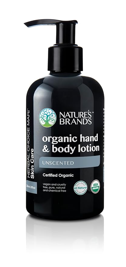 Nature's Brands Organic Hand & Body Lotion by Herbal Choice Mari (Unscented, 8 Fl Oz BPA Free Plastic Bottle) - No Toxic Synthetic Chemicals