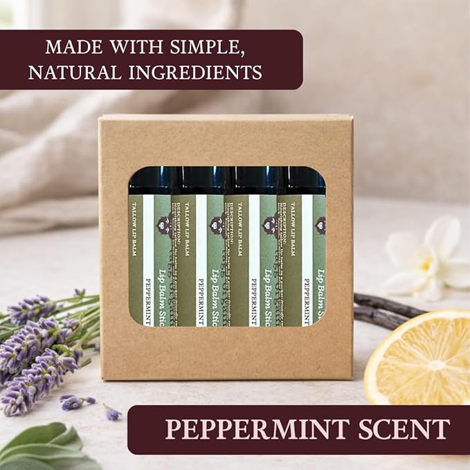 Peppermint Tallow Lip Balm – Moisturizing Lip Care with Grass-Fed Tallow, Natural Beeswax & Essential Oils, 4 Pack (.15 oz)