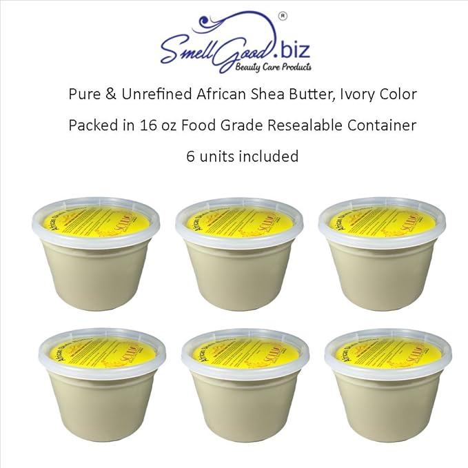 SmellGood - Pure Unrefined African Shea Butter, natural and handmade, ivory color, packed in 16 oz food grade resealable container, 6 Units included