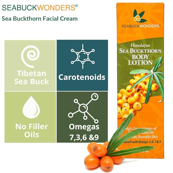 SeabuckWonders Organic Sea Buckthorn Body Lotion, Moisturizing Body Cream with Omega 3,6,7,9, Protects, Soothes Sensitive, Dry Skin, For All Skin Types, 6 Fl Oz