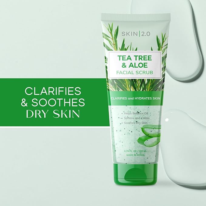 Skin 2.0 Tea Tree & Aloe Exfoliating Scrub - Dermatologist Tested, Multi-Tasking Cleanser, Clears Skin - Anti-Aging, Clean Beauty, Cruelty-Free Korean Skincare for All Skin Types - 6.76 Fl Oz / 200ML