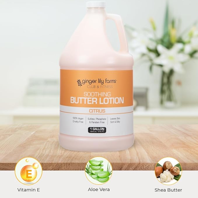 Ginger Lily Farms Club & Fitness Soothing Butter Lotion for Dry Skin, 100% Vegan & Cruelty-Free, Citrus Scent, 1 Gallon (Pack of 4)