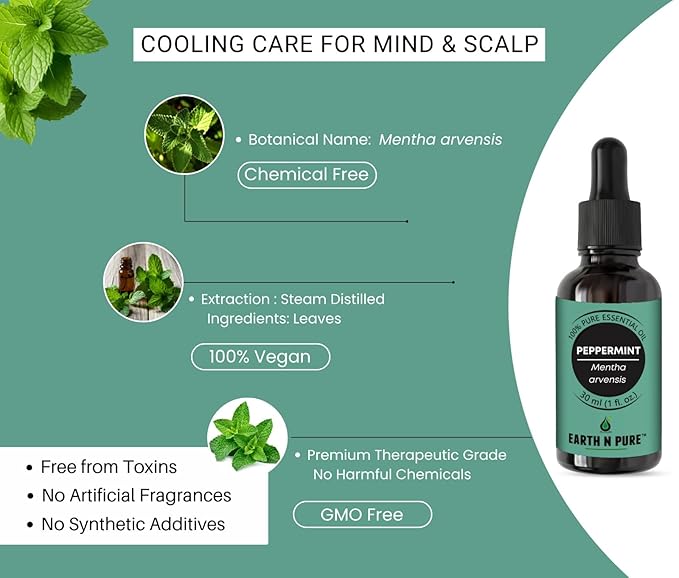 Earth N Pure Peppermint Essential Oil (Pudina Oil) Undiluted, Natural and Therapeutic Grade with Glass Dropper - 50 ml