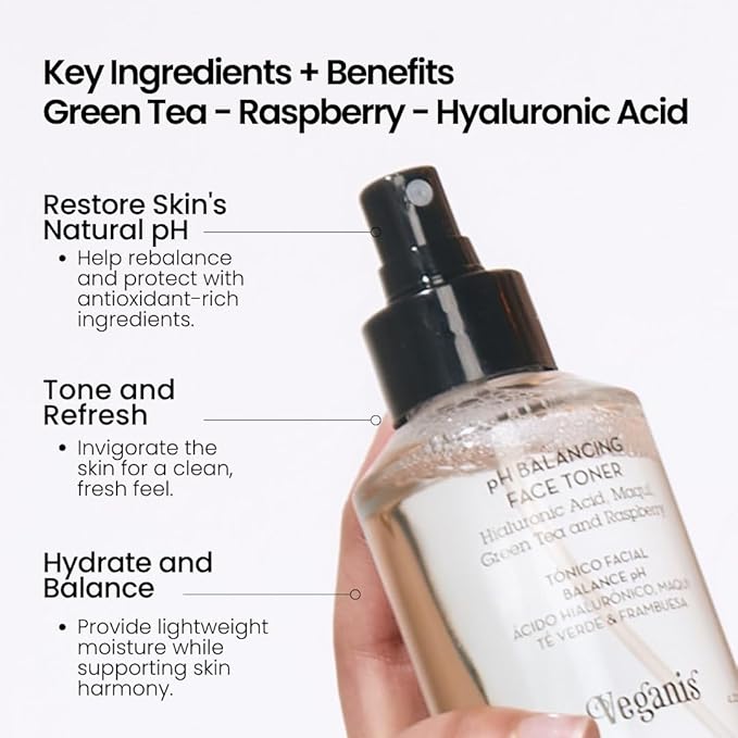 PH Balance Face Toner Spray with Hyaluronic Acid, Green Tea & Raspberry — Hydrating Pore Minimizer Mist for Sensitive Skin, 4.22 Fl Oz