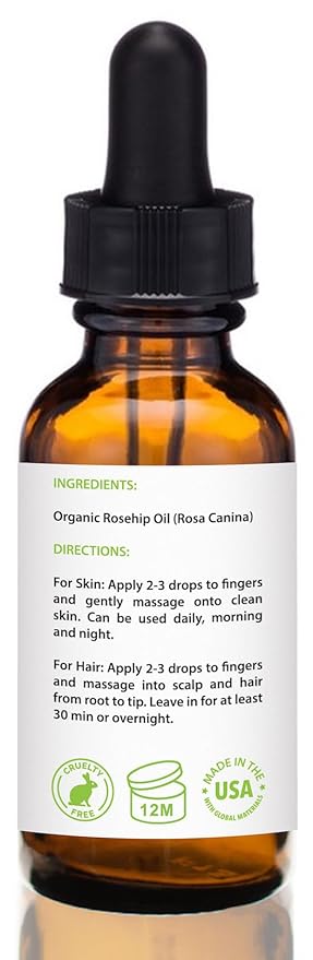 Rosehip Oil for Face - Unrefined & Cold Pressed Essential Oil from the Seed - Nourishing for Skin & Hair - USDA Certified Organic & 100% Pure - 1 Oz