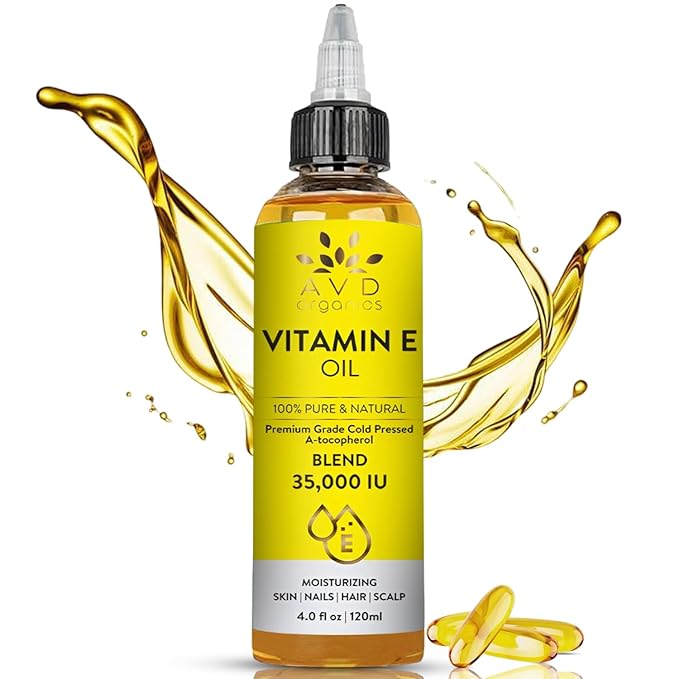 AVD ORGANICS Vitamin E Oil for Skin - 100% Pure & Natural, 35,000 IU | Premium Grade, Cold-Pressed and Tocopherol Vit E Oil to Repair Dry, Damaged Skin| Moisturizing, Hair and Scalp 4.05 Fl Oz
