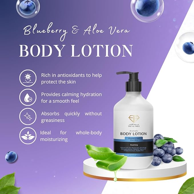 SAIF AL FARES Blueberry and Aloe Vera Body Lotion Alcohol Free and Paraben Free with Blueberry and Aloe Vera Scent made with Emollients, Vitamin E, Vitamin B5 & Natural Extracts 16.9 Fl Oz