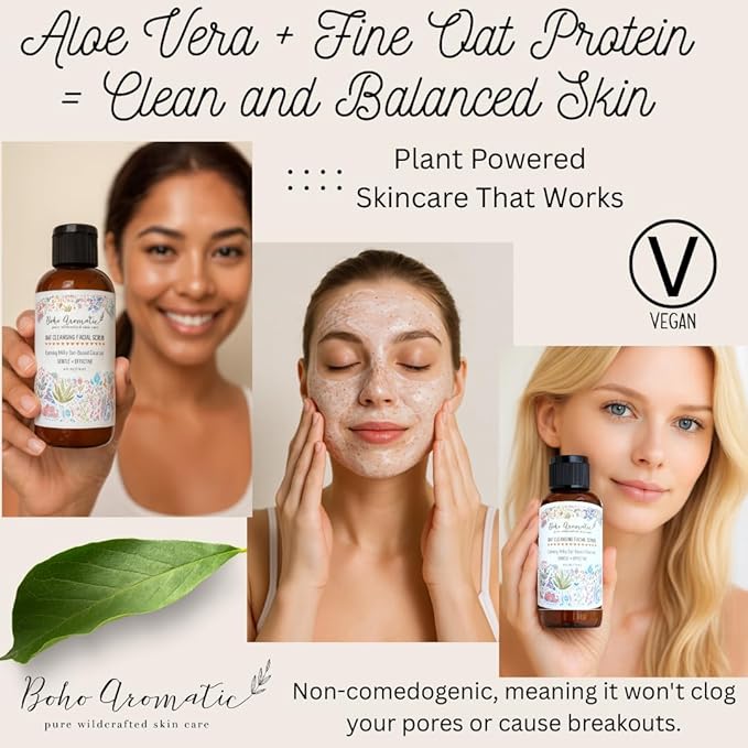 Exfoliating Face Scrub for Dry & Sensitive Skin – Gentle Oatmeal Facial Exfoliator & Cleanser, Soothing Milky Oat Polish, Hydrating Physical Scrub – Boho Aromatic