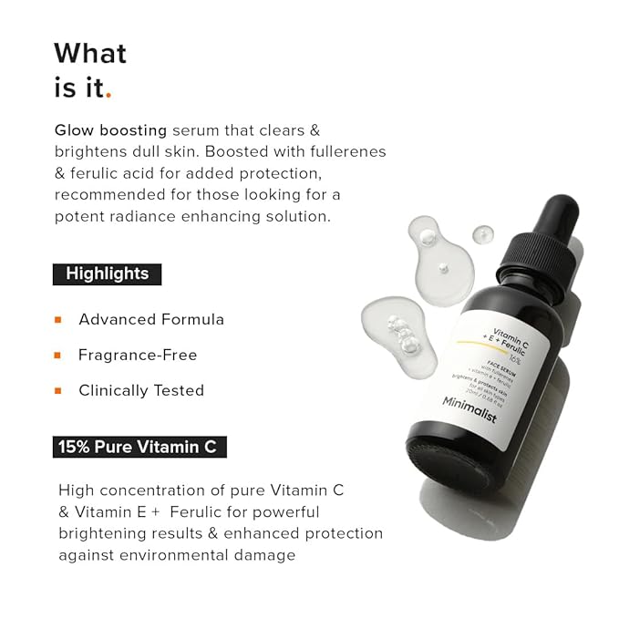 Minimalist Vitamin C+E+Ferulic Acid 16% Face Serum for Anti Aging & Glow | Reduces Skin Damage & Redness to Brighten Dull Complexion | For All Skin Types | For Women & Men | 0.68 Fl Oz / 20 ml