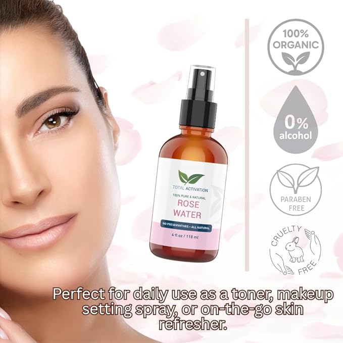 Organic Rose Water Spray for Face – 100% Pure Moroccan Rosewater Toner – Natural Hydrating Mist for Skin, Hair & Body – Gentle Makeup Remover for Dry, Oily, and Combination Skin – 4 oz