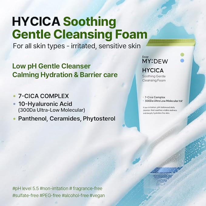 DearMYDEW HYCICA Soothing Gentle Cleansing Foam | Low pH 5.5 Cleanser for Sensitive Skin, Calming Hydrating Cica Face Wash & Barrier Care, Centella, Ultra-Low Molecular HA, Korean Skincare, 5.07 fl oz
