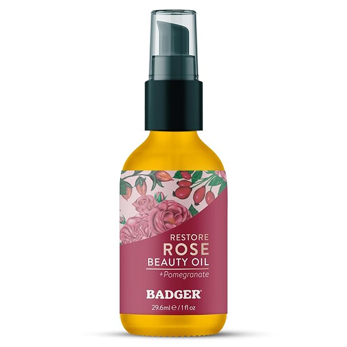 Badger Rose Face Cleansing Oil, Organic Facial Oil Cleanser & Makeup Remover, Oil Cleansing Method, Non-Greasy Moisturizing Skin Balancing Gentle Face Cleanser w/Pure Rose Oil, 2 fl oz Glass Bottle
