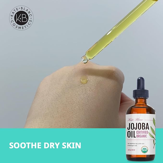 Kate Blanc Cosmetics Jojoba Oil Organic for Hair, Skin & Face (4oz, 100% Pure, Cold Pressed, Natural, Hexane Free, Glass Bottle) (Pack of 2)