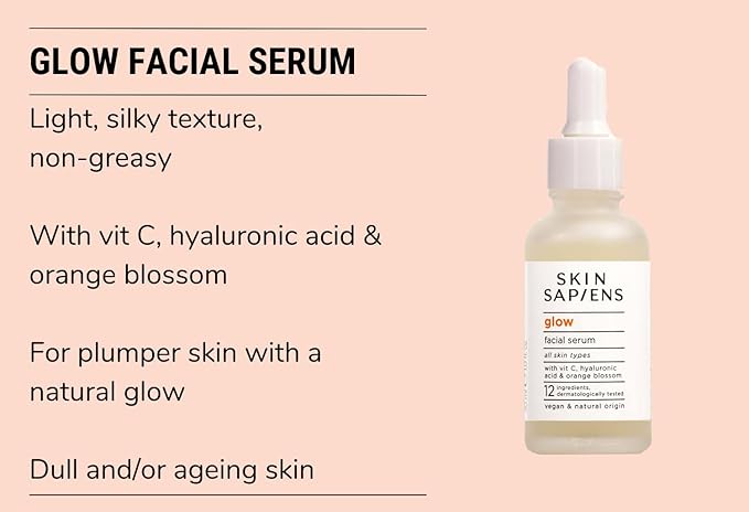 SKIN SAPIENS GLOW Facial Serum with Vitamin C and Hyaluronic Acid to give your skin a glowing look, Natural Serum for Men and Woman, Vegan and Cruelty Free Face Care for Mature Skin, 1.01 fl. Oz