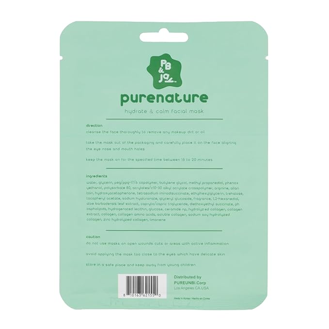 PB & JAY Purenature Facial Mask – Premium Quality Korean Sheet Mask for Sensitive Skin – Korean Collagen Essence Calming Facemask Sheet (Aloe Vera)