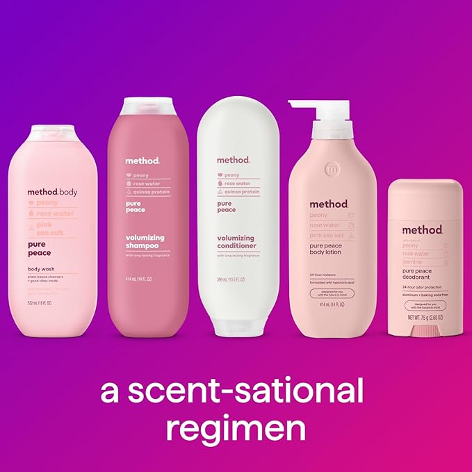 Method Body Lotion, Pure Peace, Rose Water, Peonies + Pink Sea Salt notes, 24 Hours of Moisture, 14 oz,(Pack of 2)