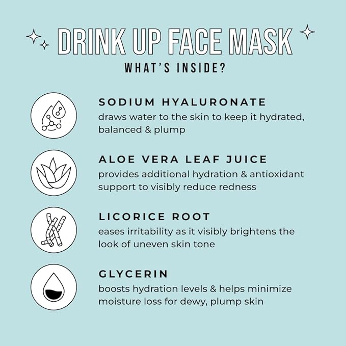 Avatara Drink Up Hydrating Face Masks 5-Pack | Clean K-Beauty Sheet Masks with Hyaluronic Acid & Aloe Vera | Gentle Moisture for Sensitive Skin | Vegan, Fragrance-Free, & Cruelty-Free Korean Masks