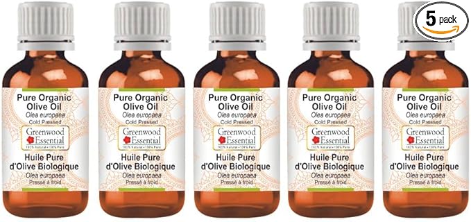 Greenwood Essential Pure Olive Oil (Olea europaea) Cold Pressed (Pack of Five) 100ml X 5 (16.9 oz)