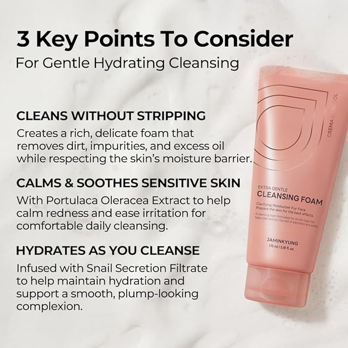 Extra Gentle Cleansing Foam, Face Wash with Snail Mucin & Soothing Portulaca, Hydrating Facial Cleanser for Sensitive Skin, Non-Stripping, Korean Skincare 5.9 fl oz (175ml)