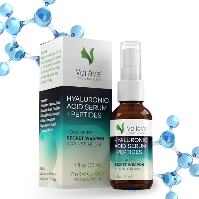 VoilaVe Hyaluronic Acid Serum for Face - 100% Pure, Hydrating & Anti-Aging Formula with Collagen Peptides - Plumps, Moisturizes, Reduces Wrinkles & Dark Spots - Non-Greasy, Paraben-Free, 1 fl. oz
