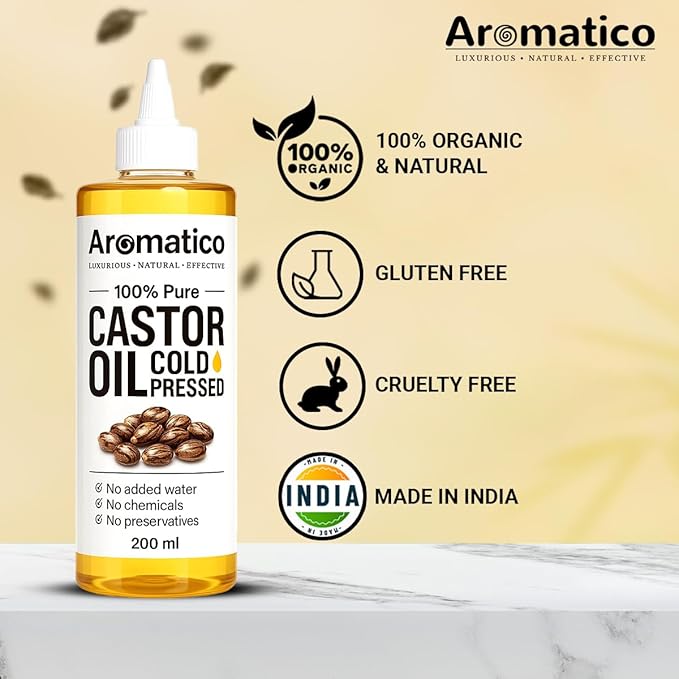 Aromatico 100% Pure Cold Pressed Castor Oil for Hair, Eyelashes & Eyebrows – Natural Carrier Oil for Scalp, Beard & Skin Care – Thick Conditioning Oil for Dry Scalp, DIY Beauty & Bulk Use – 7 fl oz