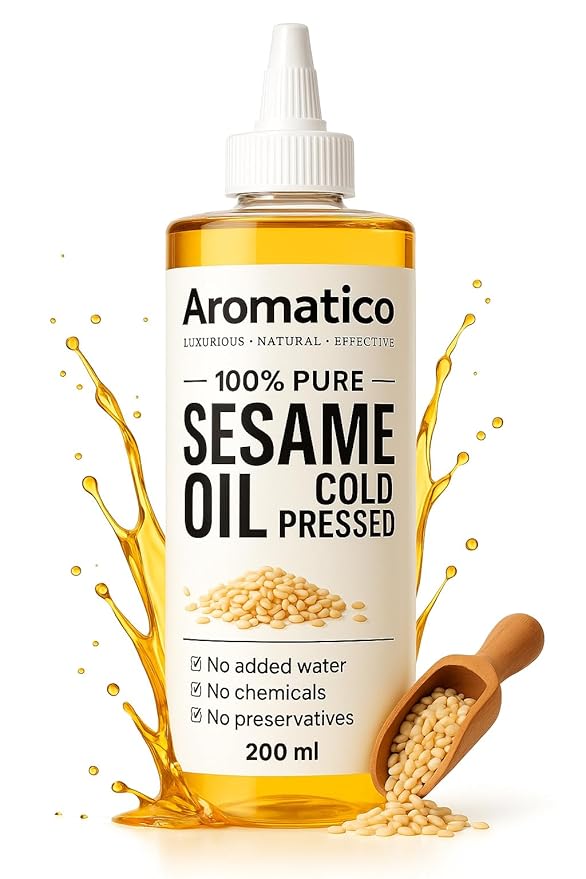 Aromatico 100% Pure Cold Pressed Sesame Oil for Skin, Hair & Massage – Lightweight, Non-Greasy Daily Care Oil, No Added Chemicals or Preservatives - 7 Fl Oz