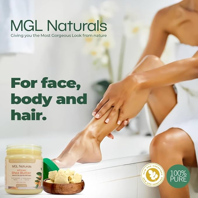 MGL Naturals Raw African Shea Butter Ivory 16oz, 100% Pure, and Unrefined. Nourish and moisturize hair and skin. Use alone or DIY recipes. From Ghana, West Africa. 16oz Jar