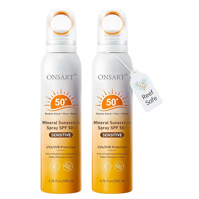 Mineral Sunscreen Spray SPF 50+, Reef Safe, Zinc Oxide Sunscreen, Broad Spectrum UVA/UVB, 360° Ring Spray, Water Resistant 80 Minutes, Lightweight Non-Greasy, 6.76 fl Oz (Pack of 2)