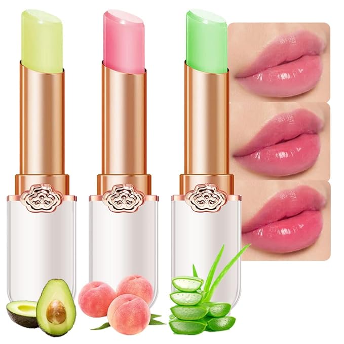 evpct 3Pcs Aloe Vera Avocado Peach Tinted Lip Balms Tint Stain Lipstick for Women PH Color Changing Lipstick Balm Stain Gift Set Queen Girls Korean Mood Long Lasting Color Change Light Pink Lipsticks