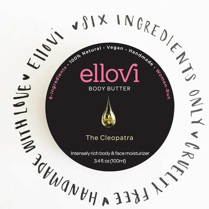 Ellovi All-Natural Body Butter - The Cleopatra - Pure Enough to Eat - Made With Just 6 Vegan Ingredients - Ultra-Rich 100% Plant-Based Moisturizer For Naturally Healthy Skin (3.4 fl. oz/100ml)