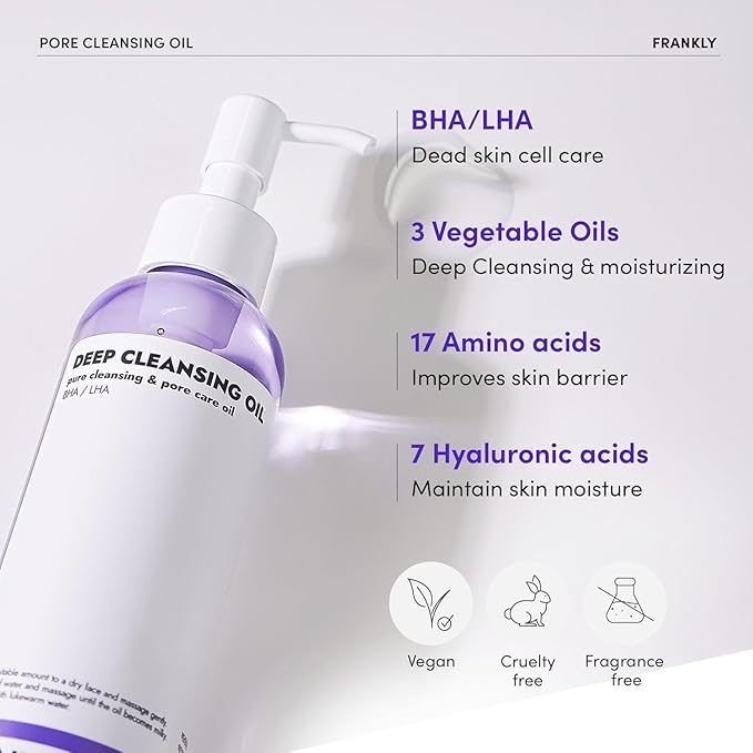 FRANKLY Pore Cleansing Oil | Oil Cleanser for Face | Deep Makeup Remover & Blackhead Cleanser with BHA, LHA, Amino Acids & Hyaluronic Acid | All Skin Types, Korean Skin Care | 6.8 fl oz