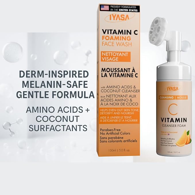 IYASA Vitamin C Foaming Face Cleanser – Gentle Daily Mousse With Amino Acids & Coconut Cleanser – Helps Remove Impurities & Supports Smoother-Feeling Skin – Suitable for Melanin-Rich Skin – 150 ml