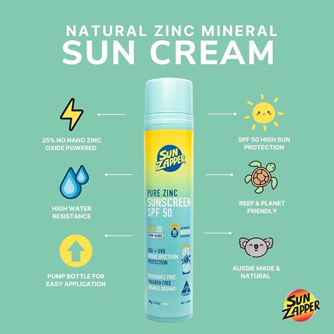 Sun Zapper Pure Zinc Sunscreen SPF 50 – Organic Mineral Sunscreen for Face and Body, 25% Non-Nano Zinc Oxide, Reef Safe, Water Resistant, Broad Spectrum, Vegan, 100g (3.5 oz) Pump, Australian Made