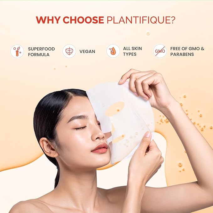 PLANTIFIQUE Korean Sheet Mask, 5 Pack - Glowing & Hydrating Face Masks with Peach Extract, Vitamin C & Hyaluronic Acid - Mascarillas Faciales