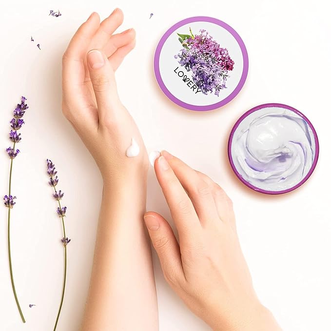 LOVERY Lavender Lilac Body Butter - Shea Cream with Jojoba Oil & Vitamin E - Hydrating Natural Moisturizer for Hands - 12 Fl Oz