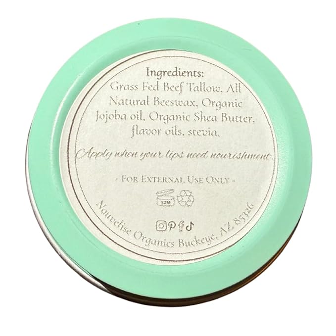 Nouvelise Organics Tallow Lip Balm | 100% Organic Beef Tallow, Organic Beeswax, Jojoba, and Shea Butter | Moisturizing Lip Care for Dry, Chapped Lips | Handcrafted in USA (1oz, Melon Mint)