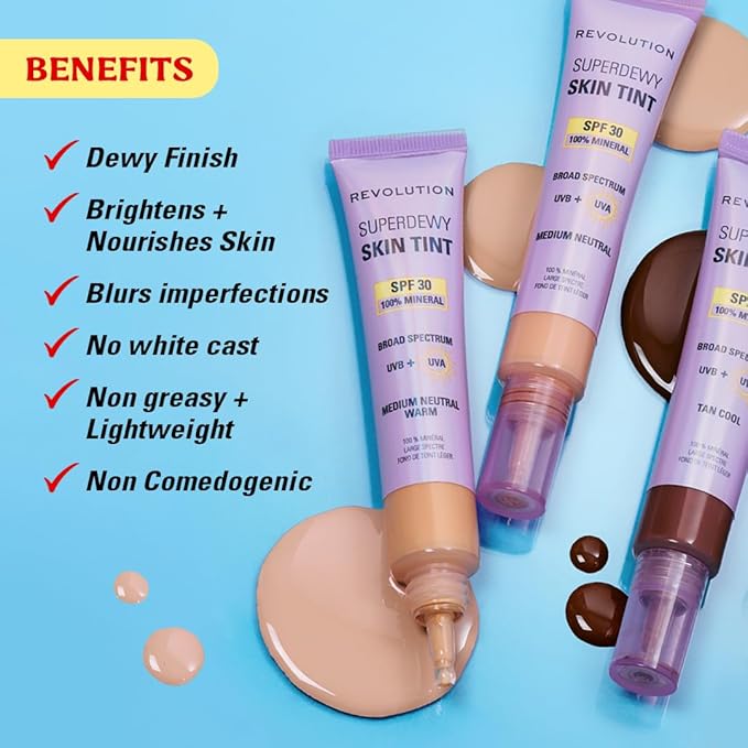 Revolution Superdewy SPF 30 Skin Tint, Tinted Mineral Face Foundation, Buildable Coverage for Facial Glow, 12% Zinc Oxide, Vegan & Cruelty-Free, Fair Neutral Cool