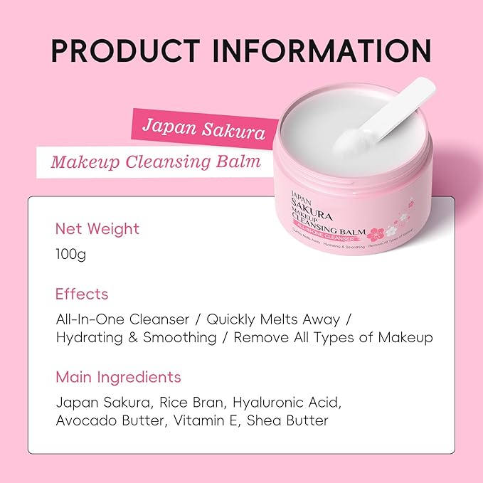 Sakura Makeup Cleansing Balm, All-in-One Cleanser Deep Cleansing Cream, Hydrating Cleanser for Face with Spatula, Dissolves Heavy Waterproof Makeup Remove for All Skin Types, 100 g/3.53 oz
