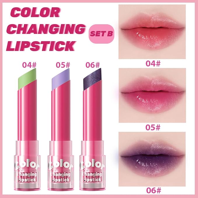 BINGBRUSH 3PCS Color Changing Lipstick Set, PH Lip Balm set Mood Lipstick, Natural Color-Changing Tint with Deep Moisture, Long Lasting Personalized Lip Gloss for Daily Wear or Gifts-SetB