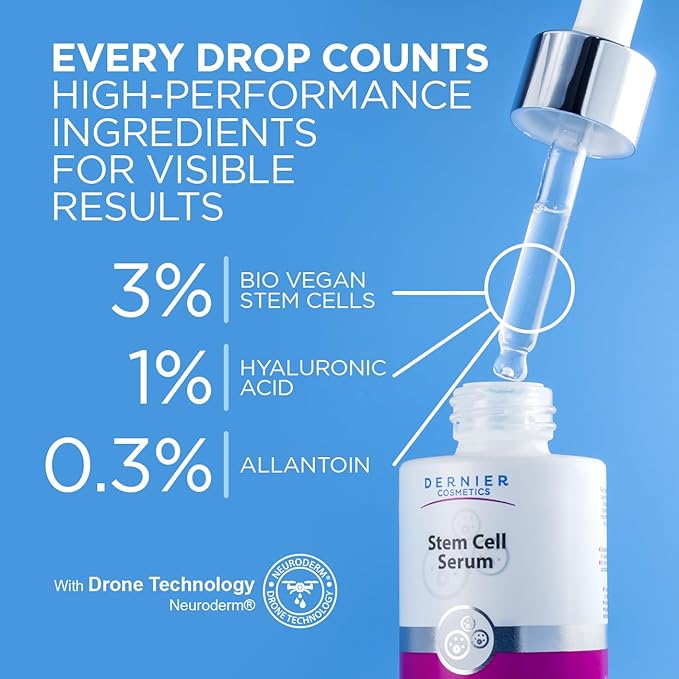 Dernier Stem Cell Face Serum – 3% Bio-Vegan Stem Cells, 1% Hyaluronic Acid, 0.3% Allantoin | Overnight Hydrating Serum for Smoother-Looking Skin & Youthful Appearance (1 fl oz)